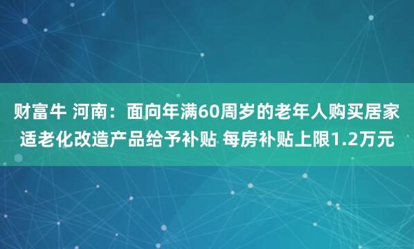 财富牛 河南：面向年满60周岁的老年人购买居家适老化改造产品给予补贴 每房补贴上限1.2万元